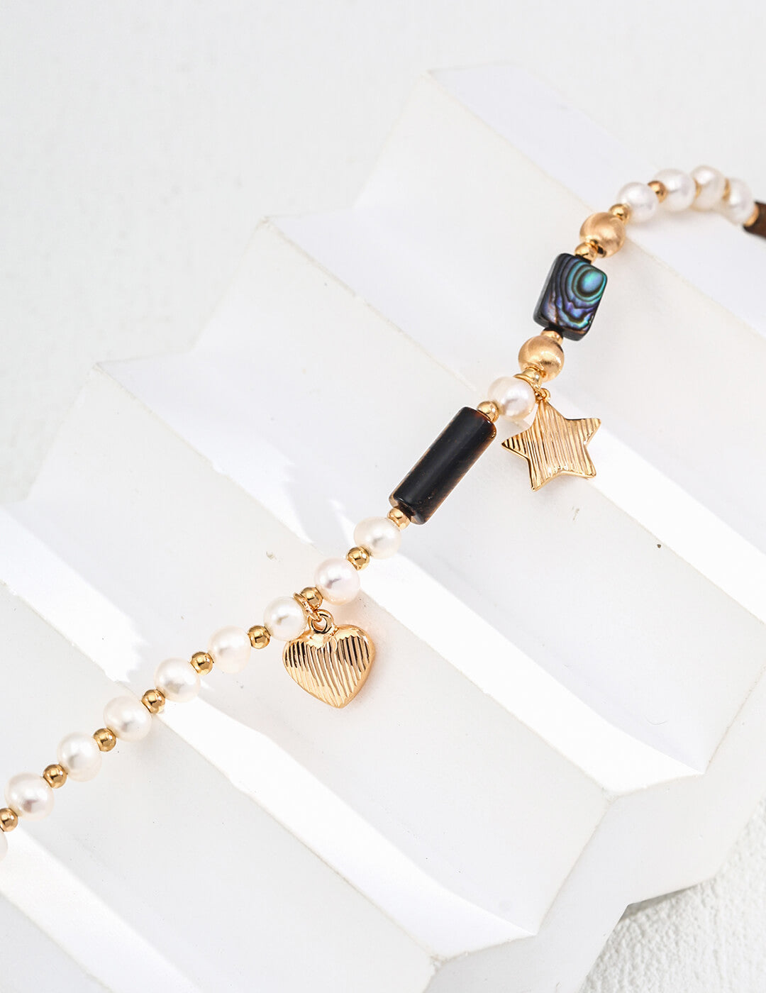 S925 Silver Celestial Pearl & Tiger’s Eye Necklace – Heart & Star Vintage Gold