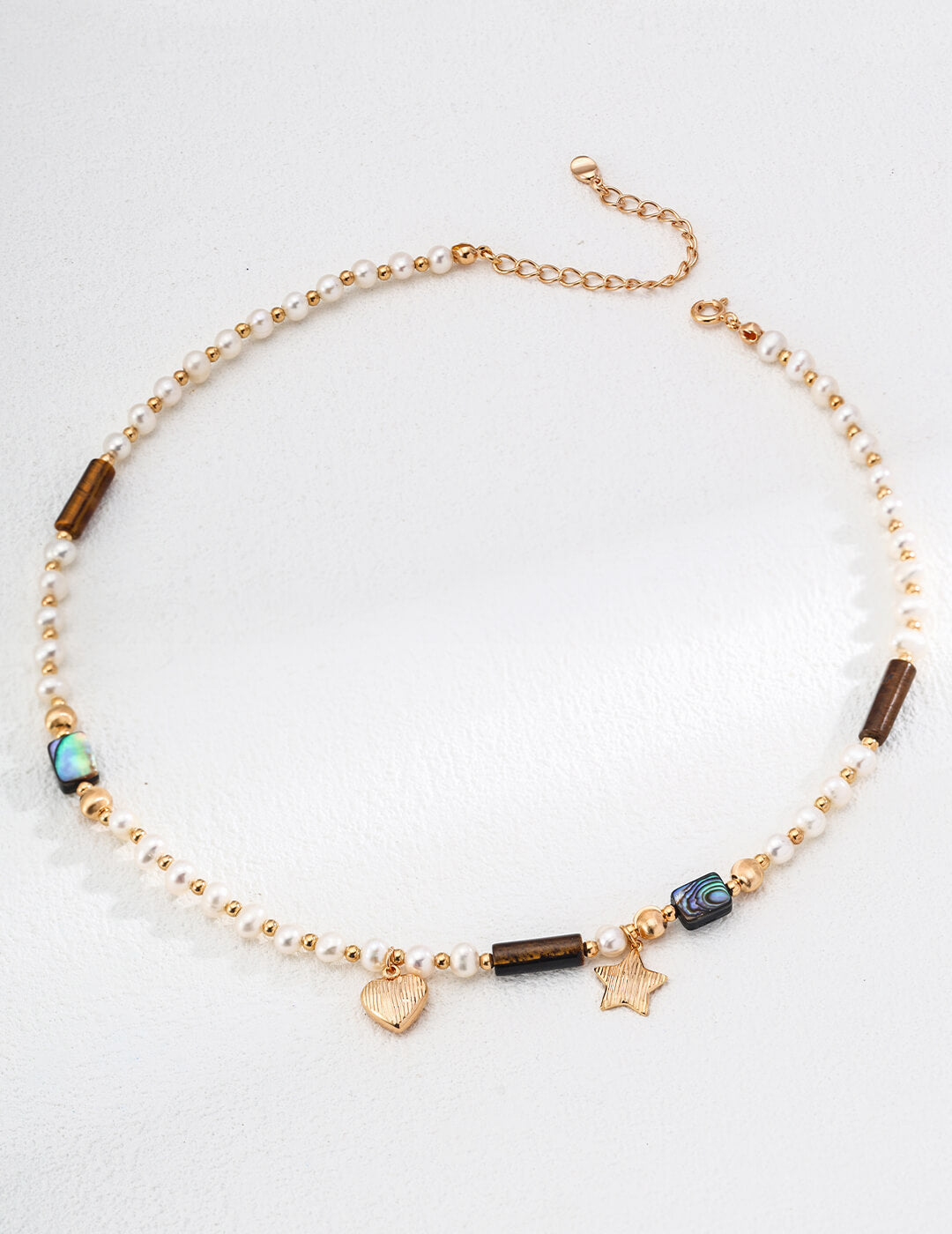 S925 Silver Celestial Pearl & Tiger’s Eye Necklace – Heart & Star Vintage Gold