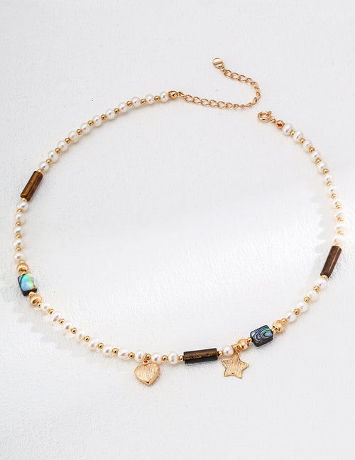 S925 Silver Celestial Pearl & Tiger’s Eye Necklace – Heart & Star Vintage Gold