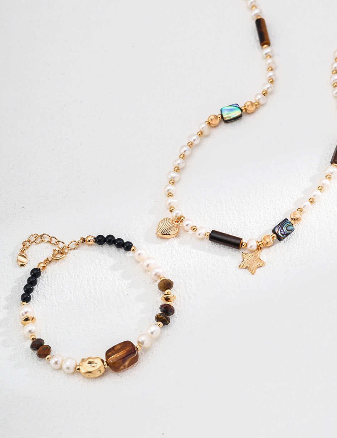 S925 Silver Celestial Pearl & Tiger’s Eye Necklace – Heart & Star Vintage Gold