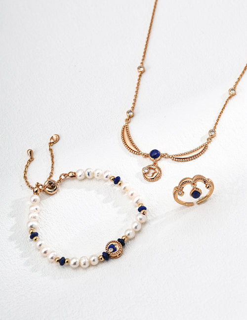 Galaxy Promise Set|S925 Silver Pearl Lapis Lazuli Bracelet + Necklace