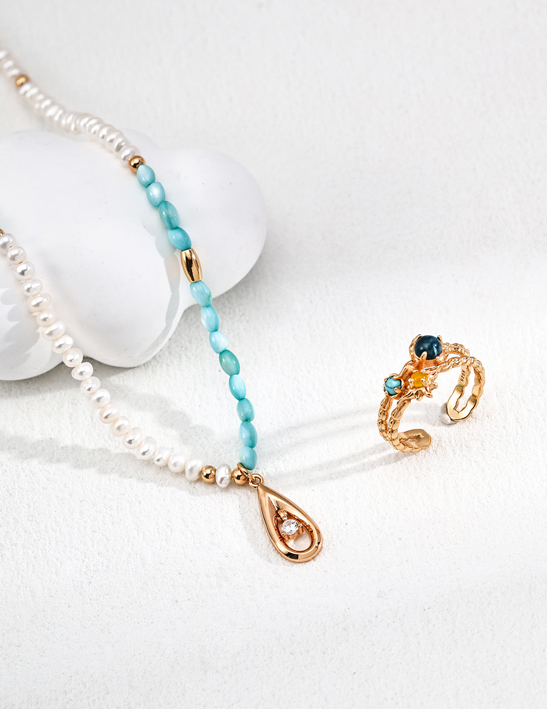 Cosmic Glow Necklace|S925 Silver Pearl Blue Mother of Pearl & Zirconia in Vintage Gold