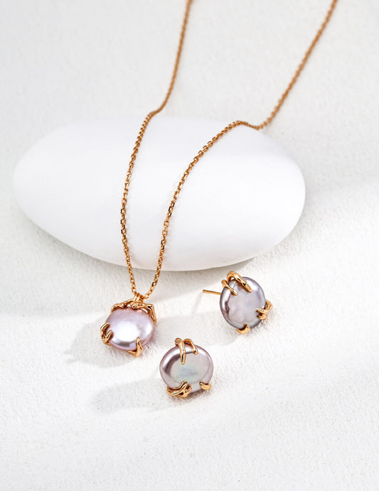 S925 Silver Pearl Jewelry Set – Vintage Gold Necklace & Earrings