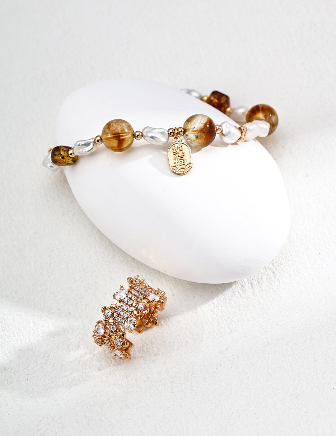S925 Pearl & Citrine Bracelet – Vintage Gold Vermeil Talisman
