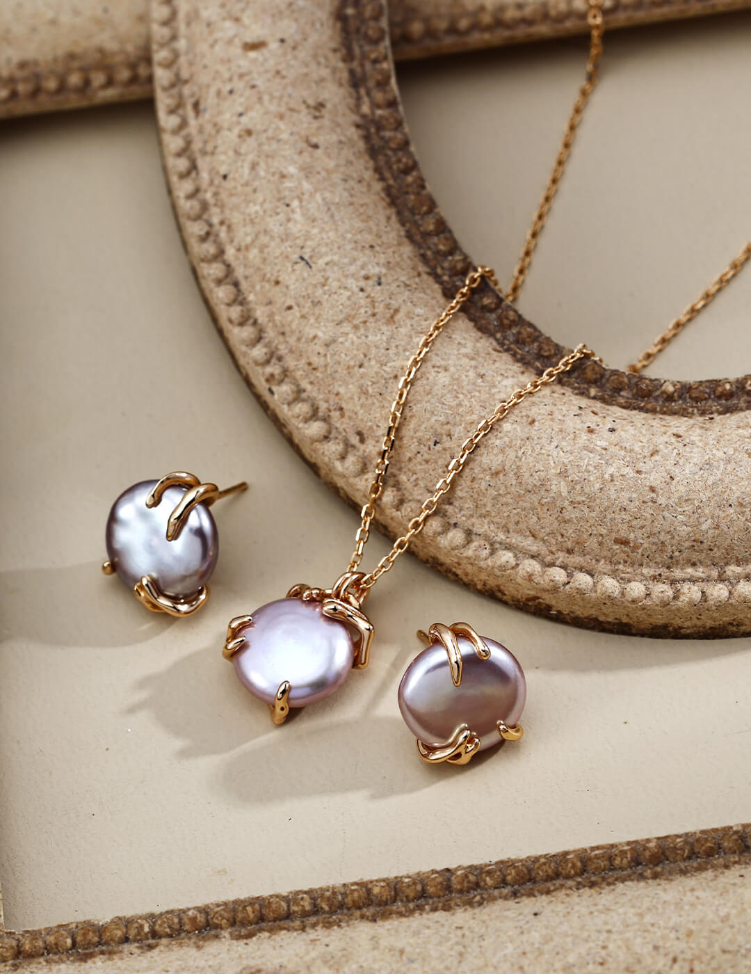 S925 Silver Pearl Jewelry Set – Vintage Gold Necklace & Earrings
