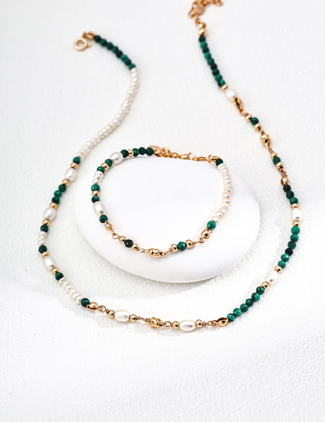 S925 Silver Pearl & Malachite Necklace – 18KT Yellow Gold Vermeil Elegance