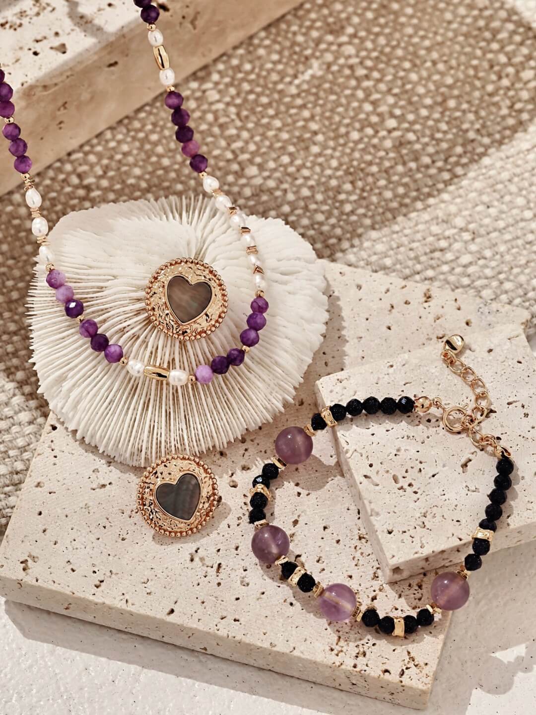 S925 Silver Lavender Amethyst & Blue Sandstone Bracelet – Vintage Gold Cosmic Energy