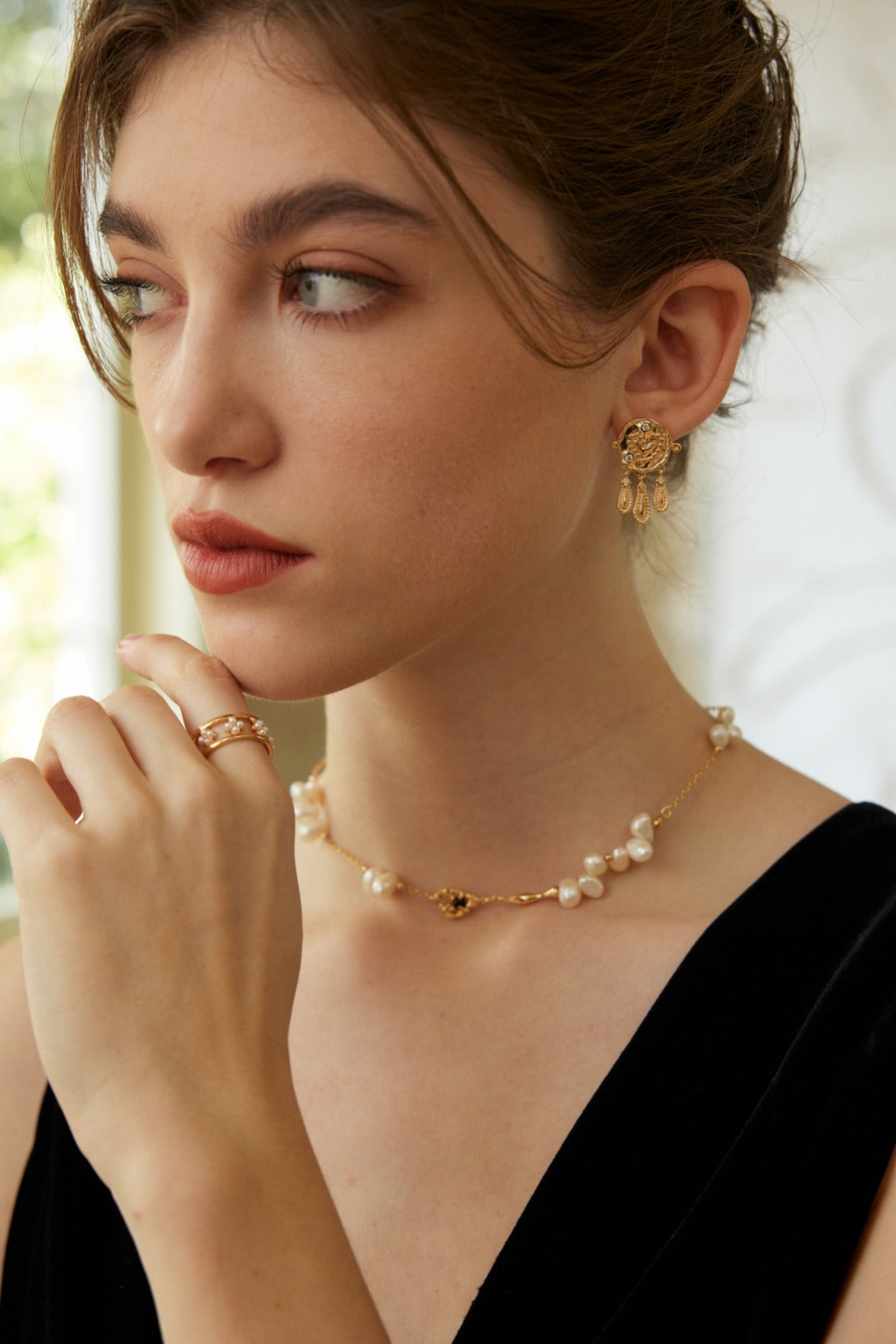 Freedom Star Track Necklace|S925 Vintage Gold Black Agate Irregular Pearls