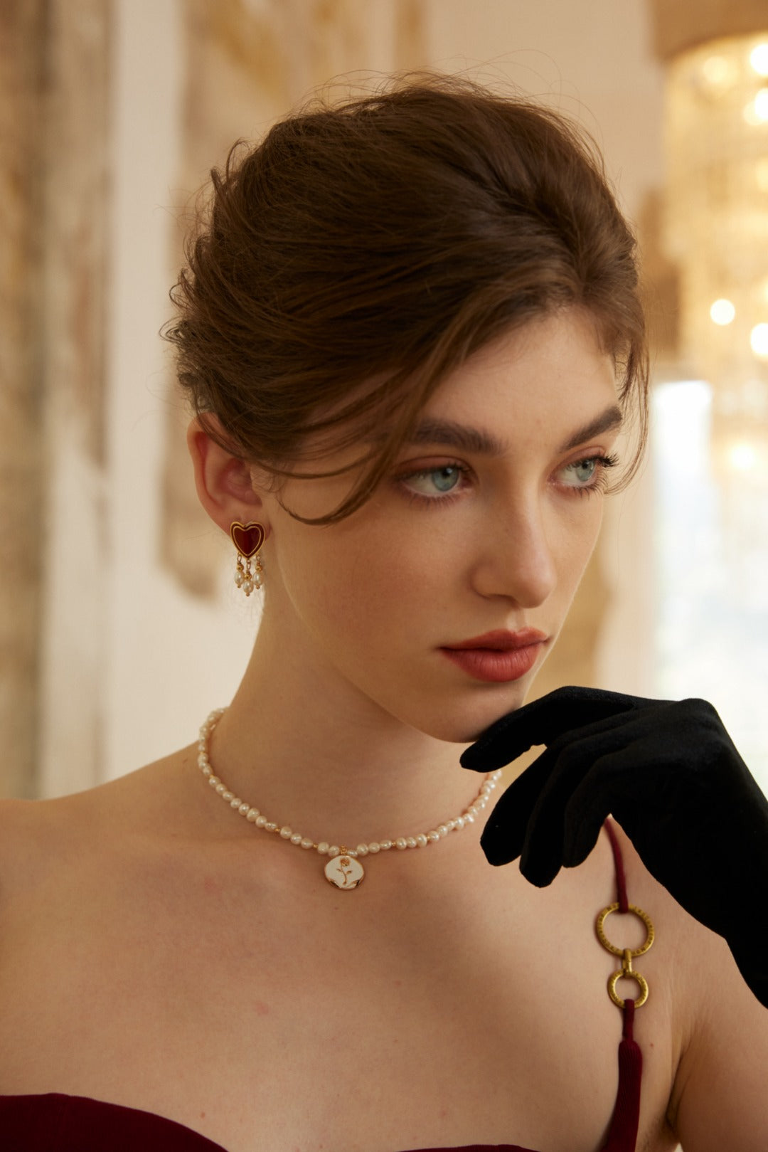 Poem of the Heart Earrings|S925 Vintage Gold Red Glaze Pearls