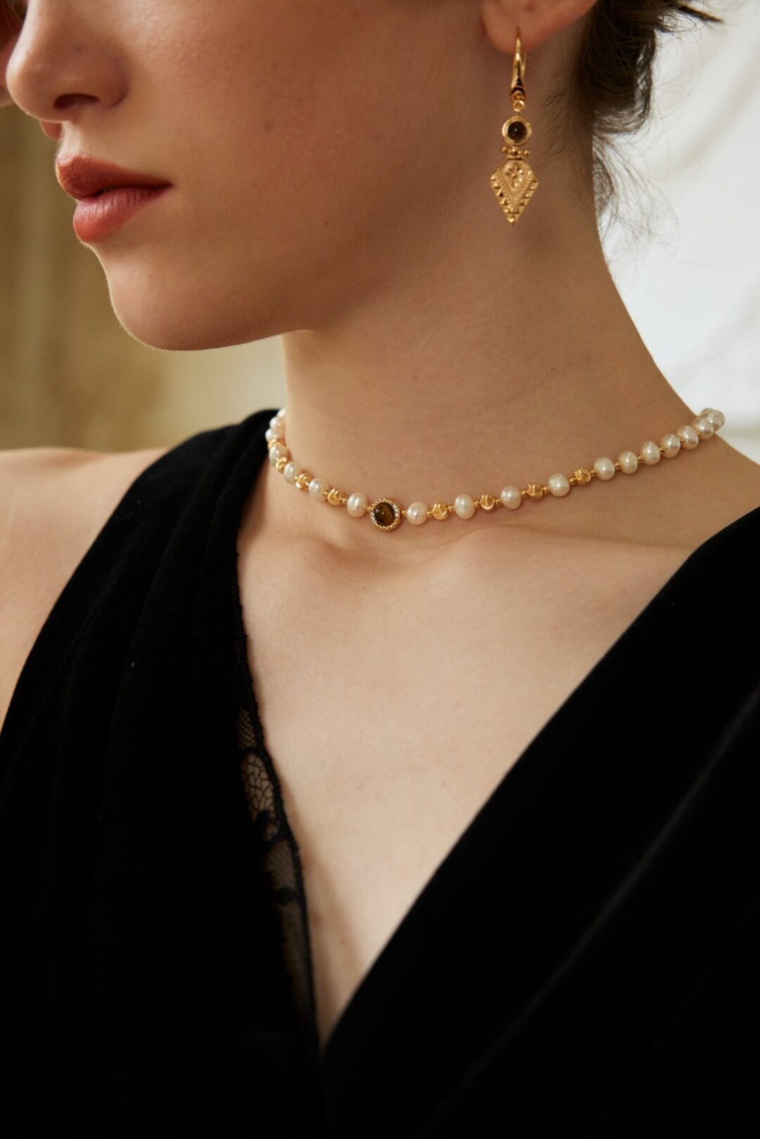 S925 Silver Pearl & Tiger’s Eye Necklace – Vintage Gold Celestial Glow