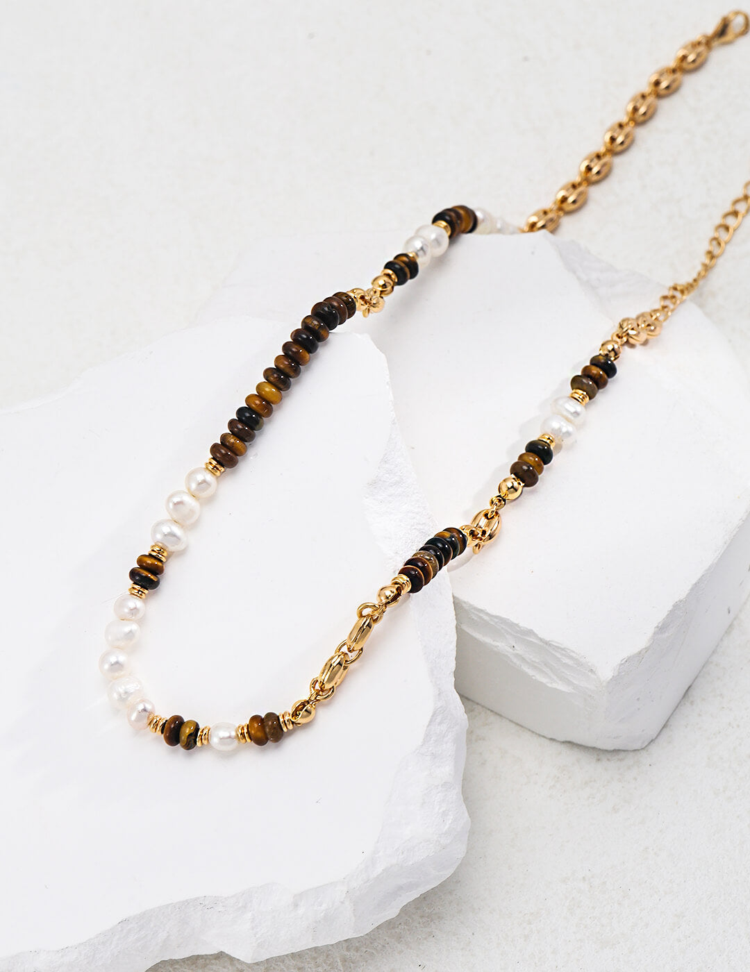 S925 Silver Pearl & Tiger’s Eye Necklace – Vintage Gold Elegance