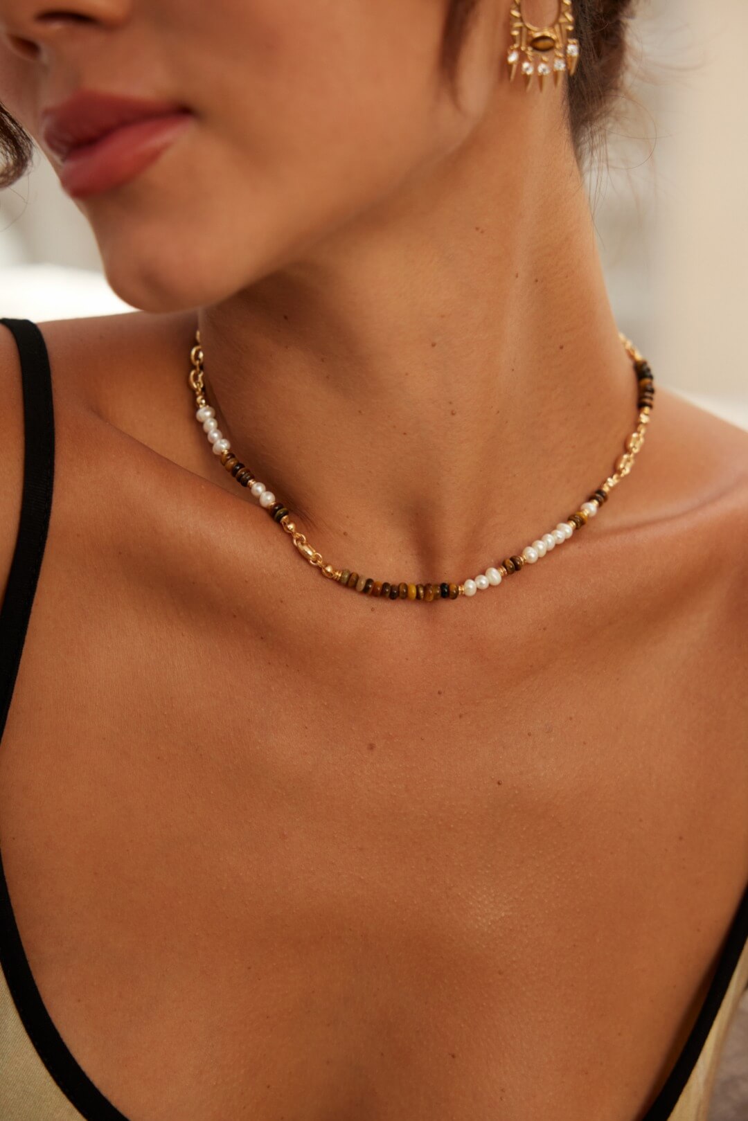 S925 Silver Pearl & Tiger’s Eye Necklace – Vintage Gold Elegance