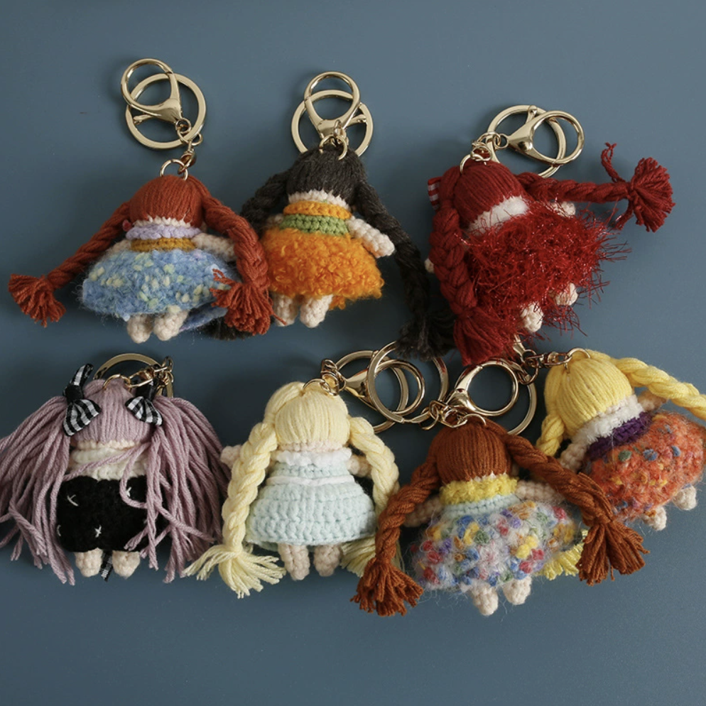 Handcrafted Crochet Braid Girl Pendant – Cute Long-Hair Doll Bag Accessory