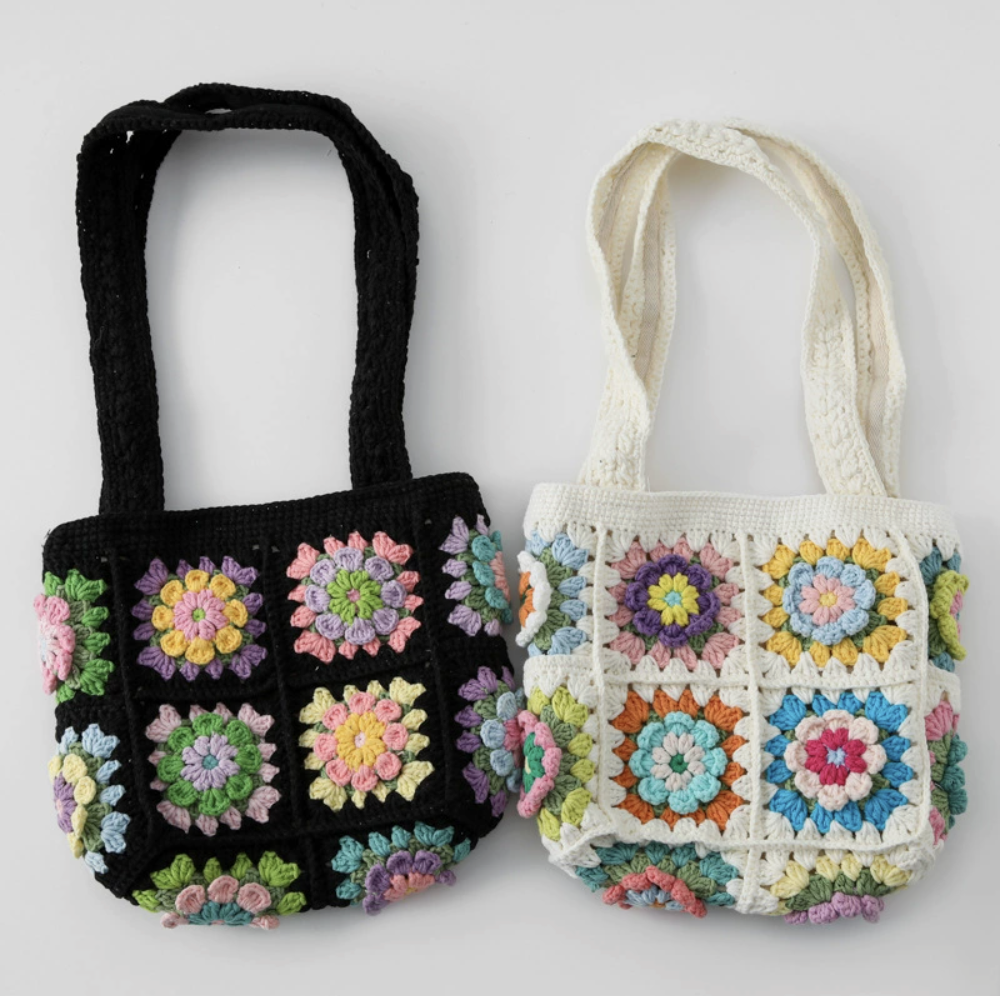 Handmade Black & White Crochet Flower Shoulder Bag – Elegant Dahlia-Inspired Knit Purse