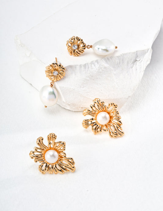 Flower Series Pearl Earrings | S925 Silver Vintage Gold Natural Pearl Zircon |  Global Best Seller