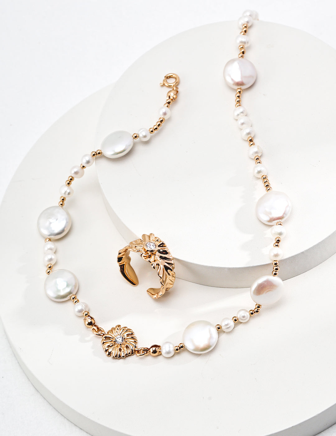 Flower Series Pearl Necklace | S925 Silver Vintage Gold Natural Pearl Zircon