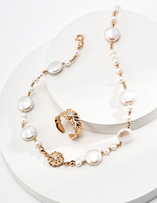 Flower Series Pearl Necklace | S925 Silver Vintage Gold Natural Pearl Zircon
