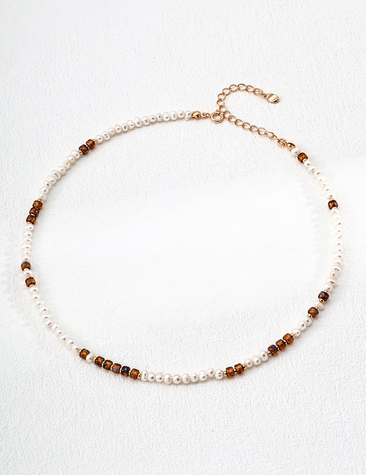 Time Poem Necklace | S925 Silver Vintage Gold Natural Pearl Czech Glass Beads