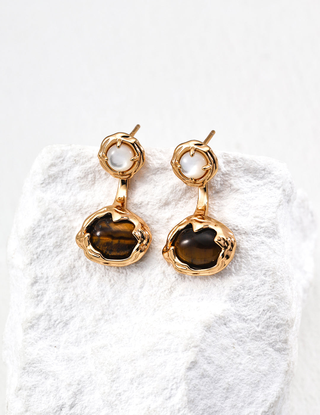 Secret dialogue earrings | S925 silver vintage gold tiger eye stone white mother of pearl