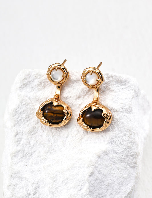 Secret dialogue earrings | S925 silver vintage gold tiger eye stone white mother of pearl