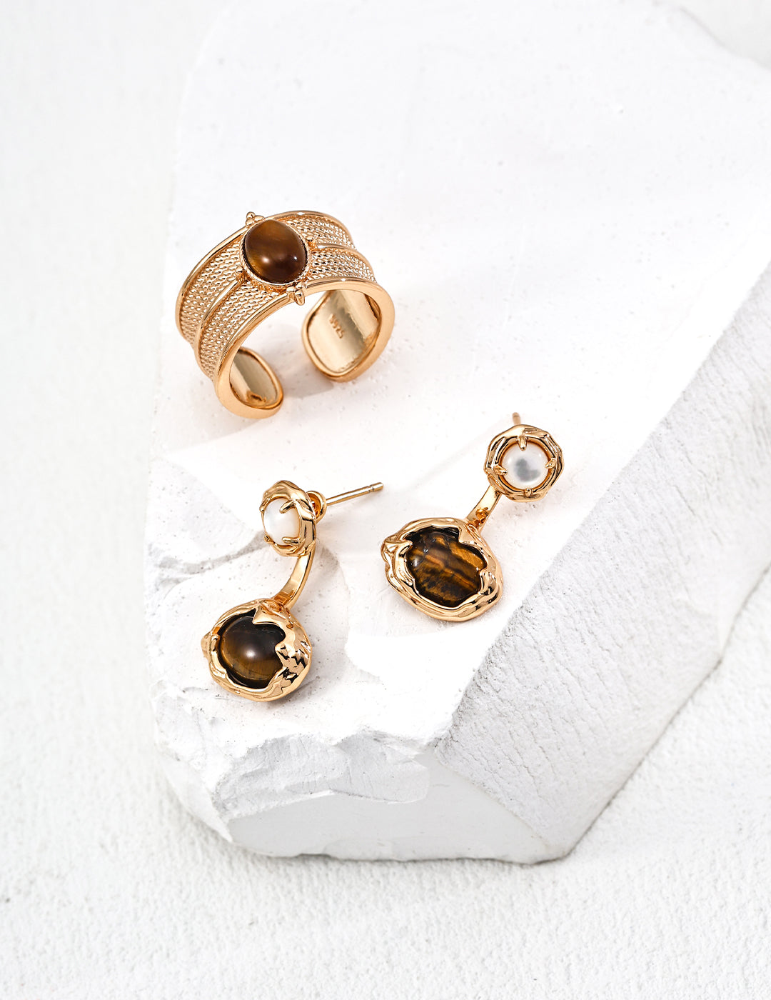 Secret dialogue earrings | S925 silver vintage gold tiger eye stone white mother of pearl