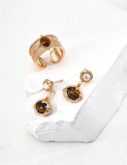 Secret dialogue earrings | S925 silver vintage gold tiger eye stone white mother of pearl