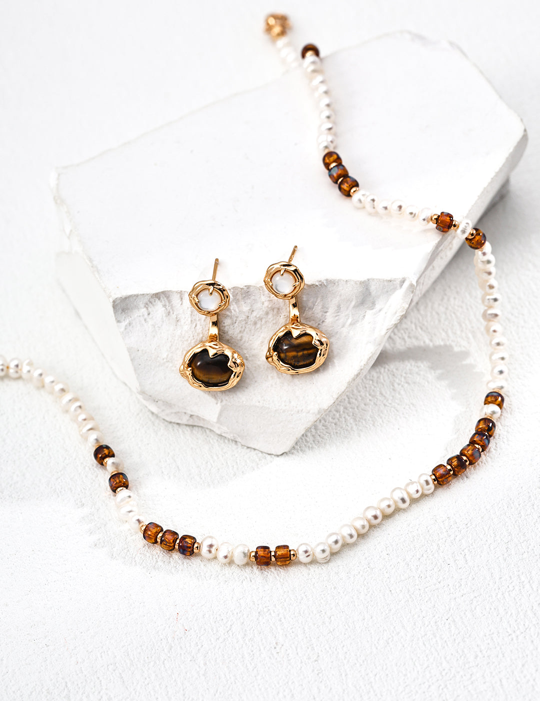 Secret dialogue earrings | S925 silver vintage gold tiger eye stone white mother of pearl