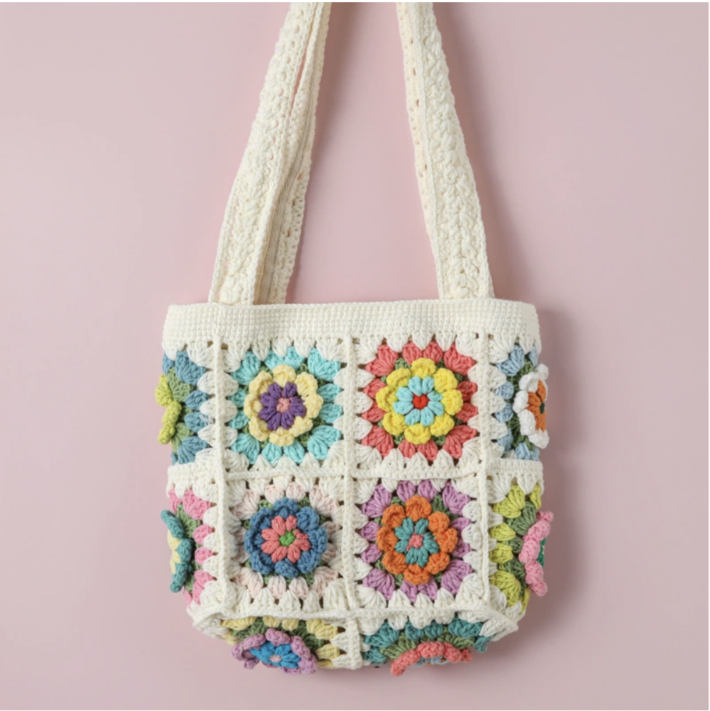 Handmade Black & White Crochet Flower Shoulder Bag – Elegant Dahlia-Inspired Knit Purse