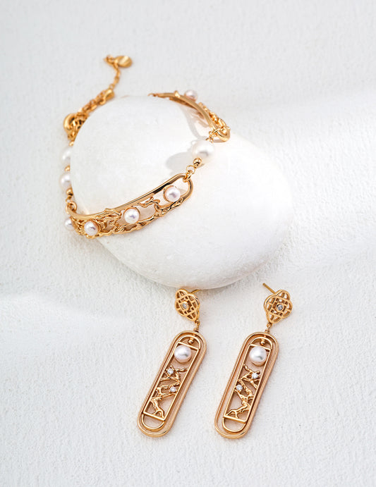 Star Track Pearl Set｜S925 Silver Pearl Bracelet + Earrings