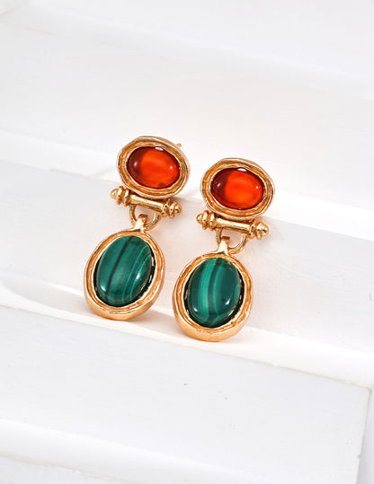 S925 Silver Malachite & Carnelian Earrings – Vintage Gold Elegance