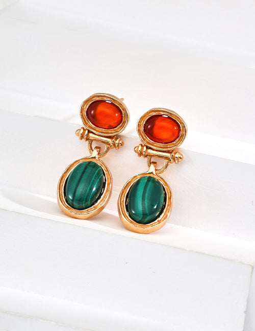 S925 Silver Malachite & Carnelian Earrings – Vintage Gold Elegance