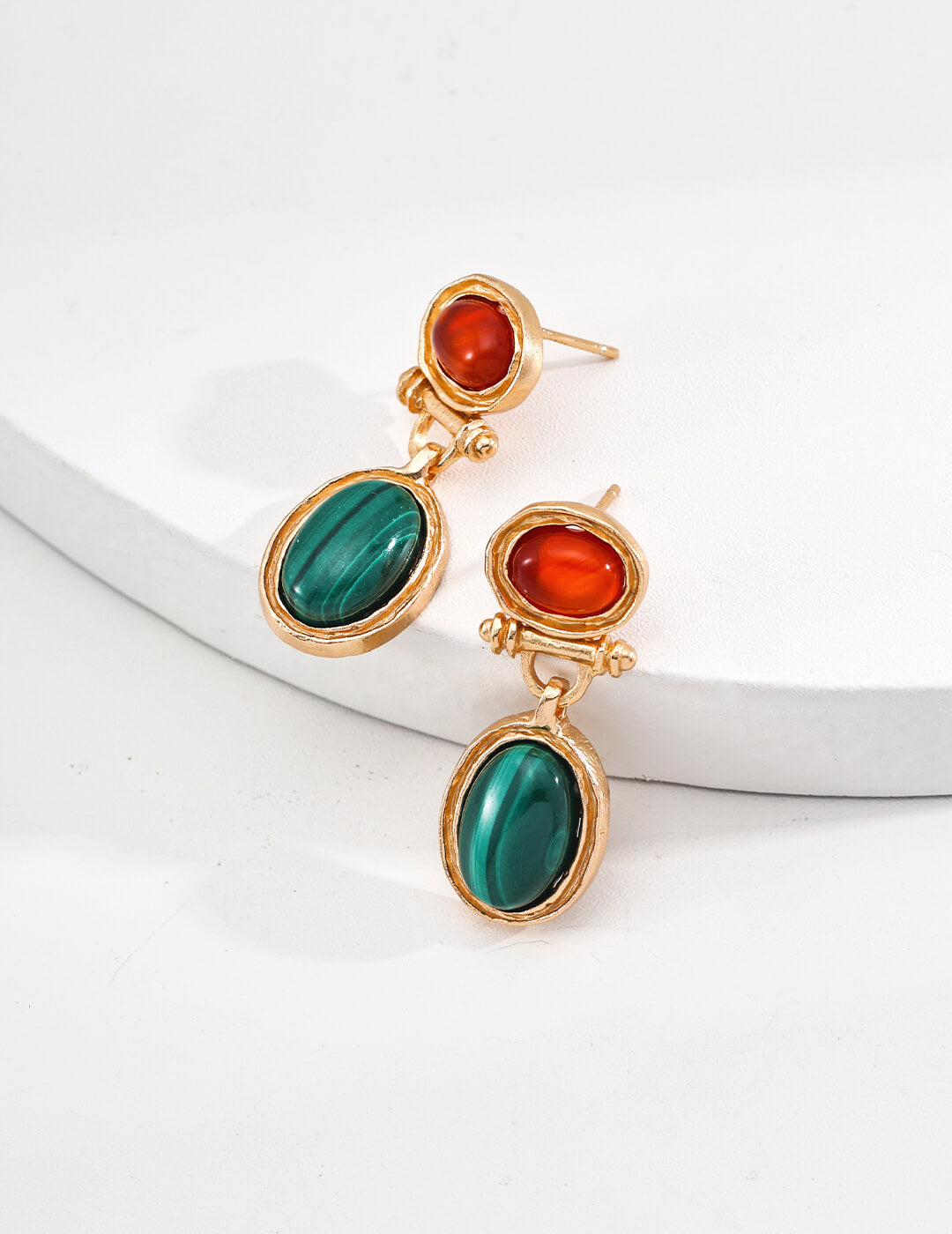 S925 Silver Malachite & Carnelian Earrings – Vintage Gold Elegance