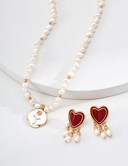 Poem of the Heart Earrings｜S925 Vintage Gold Red Glaze Pearls