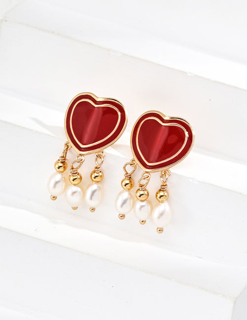 Poem of the Heart Earrings｜S925 Vintage Gold Red Glaze Pearls