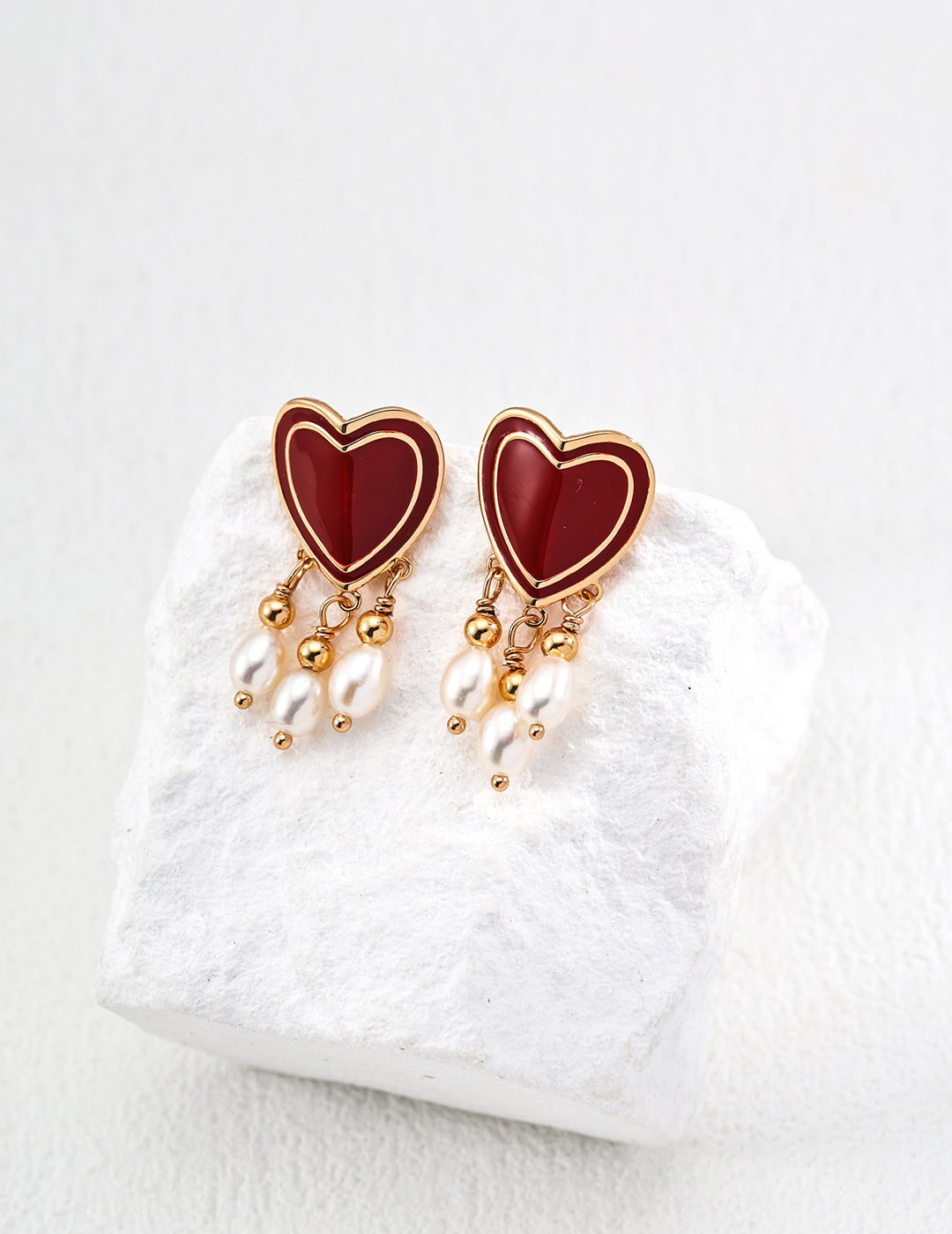 Poem of the Heart Earrings｜S925 Vintage Gold Red Glaze Pearls