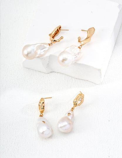 Supernova Relic Earrings｜S925 Vintage Gold Baroque Pearl Zircon
