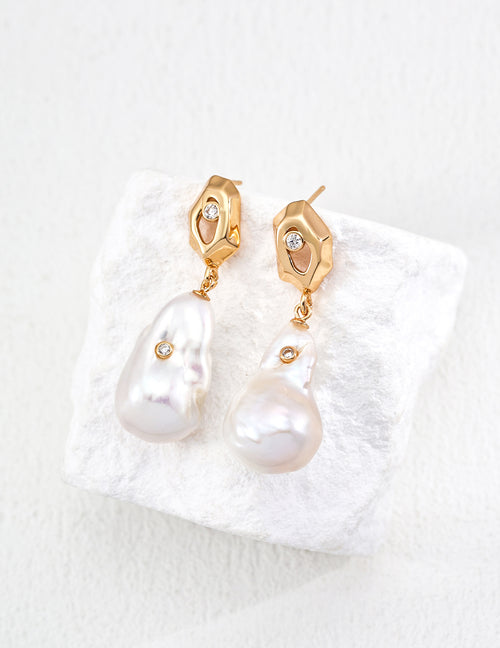 Supernova Relic Earrings｜S925 Vintage Gold Baroque Pearl Zircon