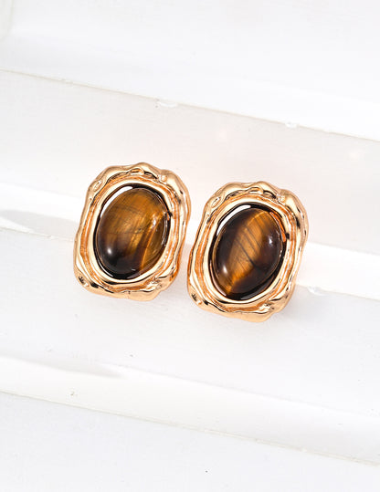 Star pupil earrings | S925 vintage gold tiger eye stone