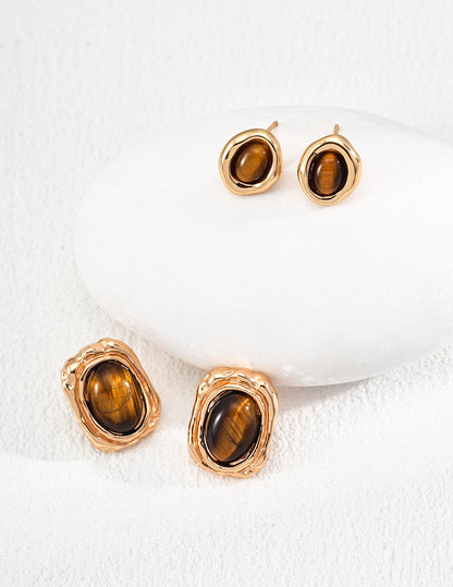 Star pupil earrings | S925 vintage gold tiger eye stone