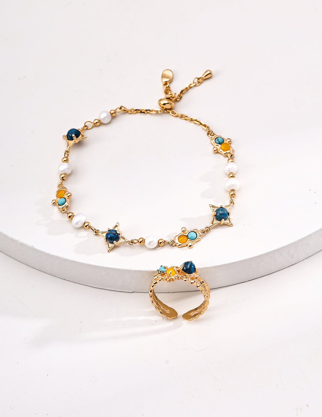 Galaxy Mineral Bracelet | S925 Vintage Gold Pearl Turquoise Chalcedony