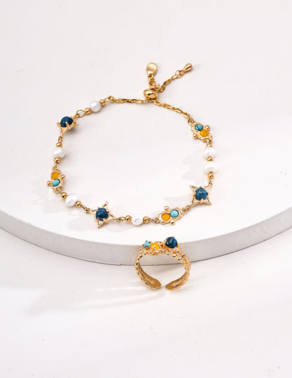 Galaxy Mineral Bracelet | S925 Vintage Gold Pearl Turquoise Chalcedony