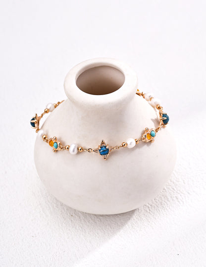 Galaxy Mineral Bracelet | S925 Vintage Gold Pearl Turquoise Chalcedony