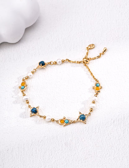 Galaxy Mineral Bracelet | S925 Vintage Gold Pearl Turquoise Chalcedony