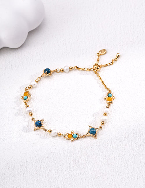 Galaxy Mineral Bracelet | S925 Vintage Gold Pearl Turquoise Chalcedony
