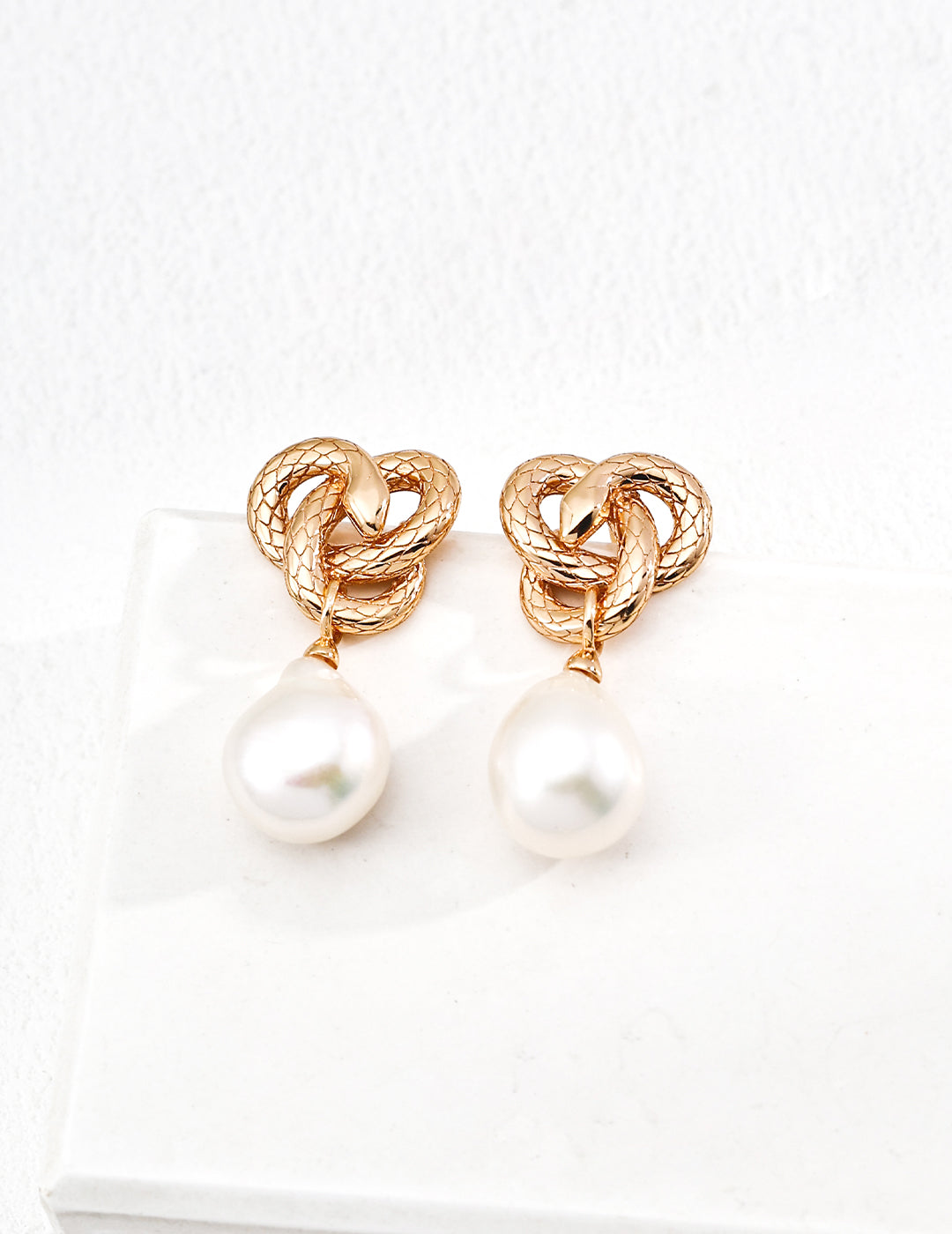 Snake Totem Earrings | S925 Silver Vintage Gold Natural Baroque Pearls