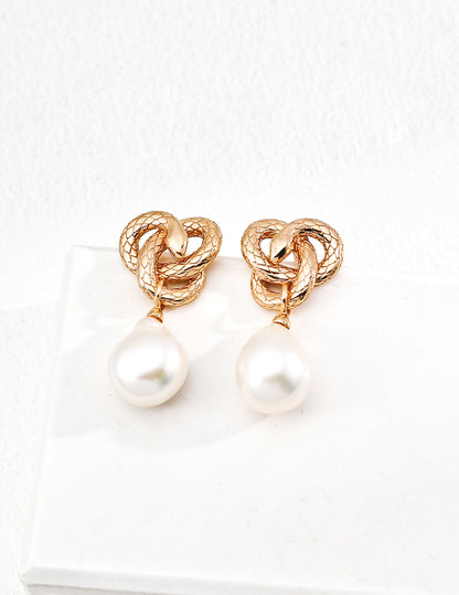 Snake Totem Earrings | S925 Silver Vintage Gold Natural Baroque Pearls