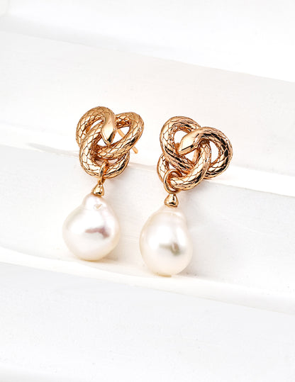 Snake Totem Earrings | S925 Silver Vintage Gold Natural Baroque Pearls