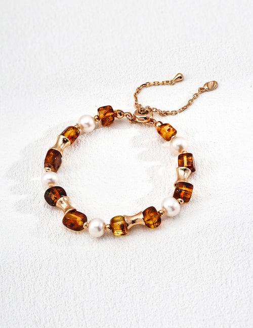 Time Whisper Bracelet | S925 Silver Vintage Gold Natural Pearl Flower Amber