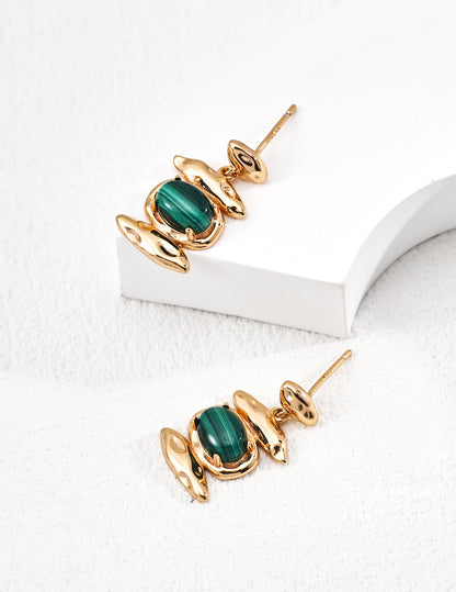 【Designer Style】Secret Feather Earrings | S925 Silver Vintage Gold Natural Malachite