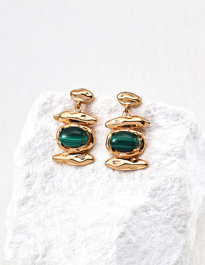 【Designer Style】Secret Feather Earrings | S925 Silver Vintage Gold Natural Malachite